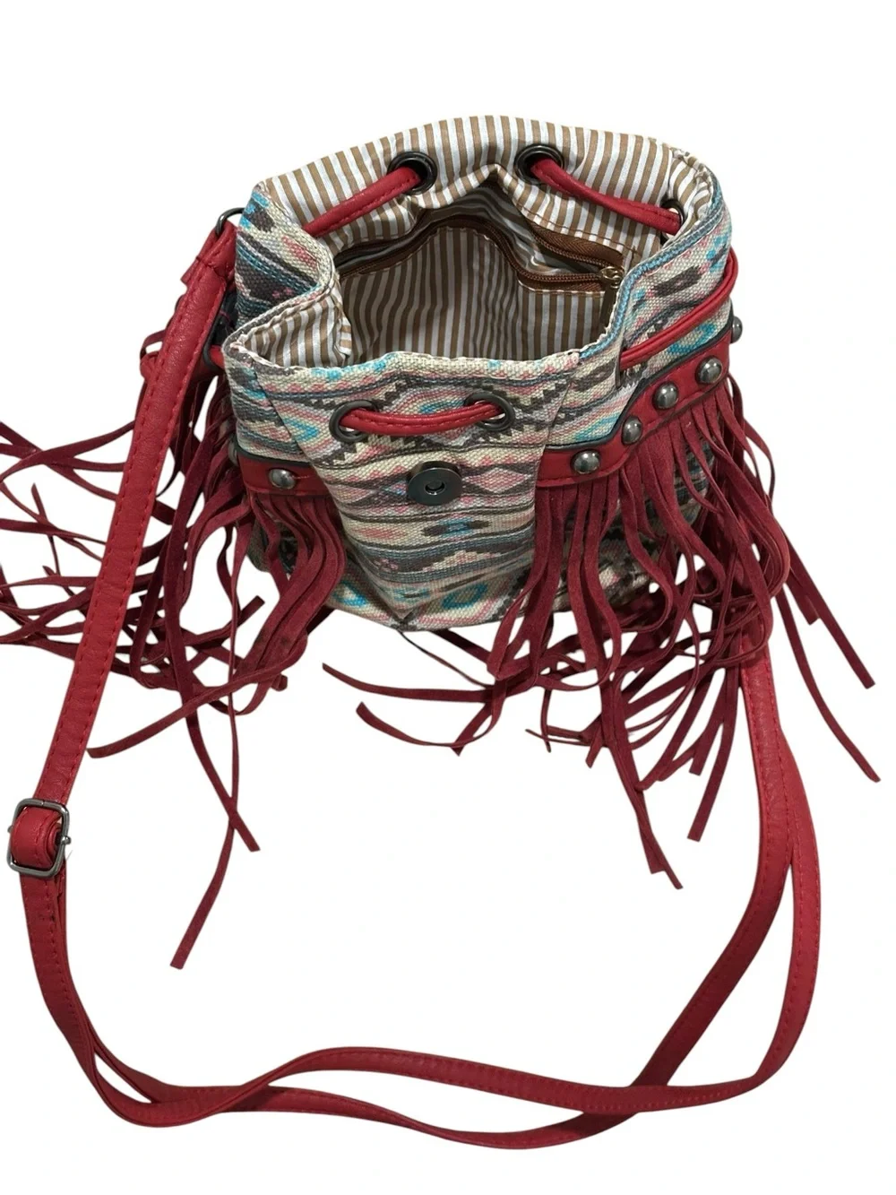 Boho Fringe Studded Hobo Bag in Red - Women's Crossbody Hobo